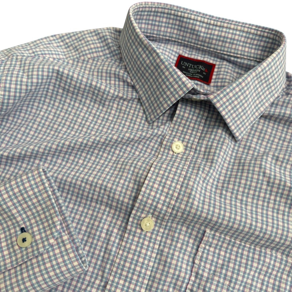 UNTUCKit Mens Medium Slim Fit Blue Gingham Performance Stretch Button Down Shirt